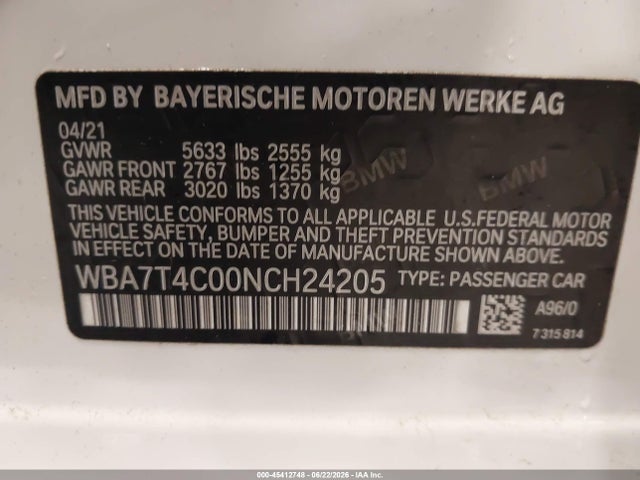Продажа на аукционе авто 2022 Bmw 740 I Xdrive, vin: WBA7T4C00NCH24205, номер лота: 45412748