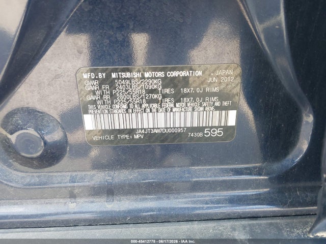 45412778 :رقم المزاد ، JA4JT3AW7DU000957 vin ، 2013 Mitsubishi Outlander Se مزاد بيع