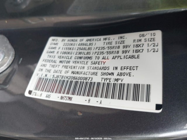 2011 Acura Rdx მანქანა იყიდება აუქციონზე, vin: 5J8TB1H20BA000873, აუქციონის ნომერი: 45412793