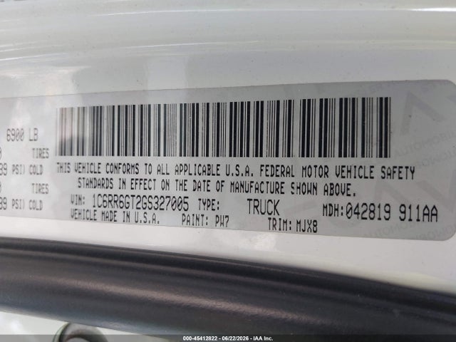 45412822 :رقم المزاد ، 1C6RR6GT2GS327005 vin ، 2016 Ram 1500 Lone Star مزاد بيع