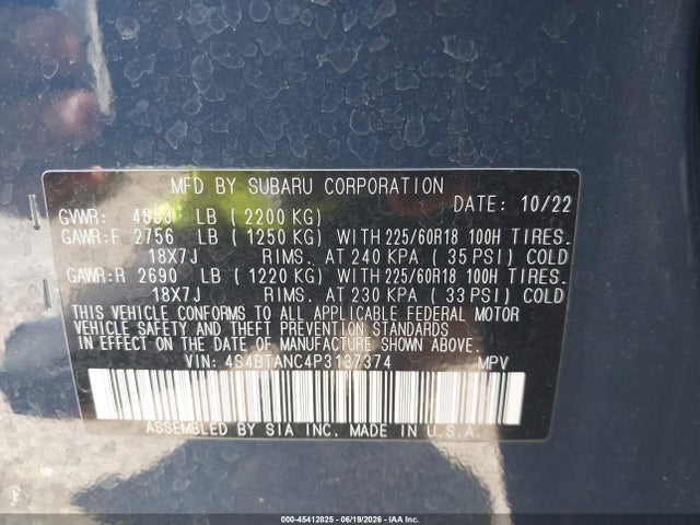 45412825 :رقم المزاد ، 4S4BTANC4P3137374 vin ، 2023 Subaru Outback Limited مزاد بيع