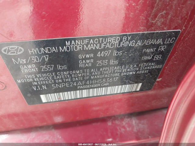 45412827 :رقم المزاد ، 5NPE24AF4HH583617 vin ، 2017 Hyundai Sonata Se مزاد بيع