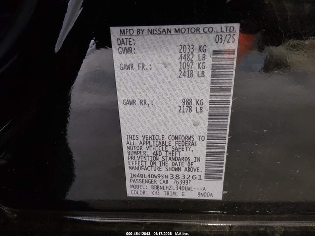 45412843 :رقم المزاد ، 1N4BL4DW9SN383261 vin ، 2025 Nissan Altima Sv Awd مزاد بيع
