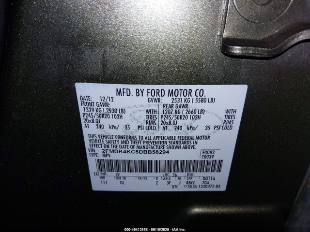 45412858 :رقم المزاد ، 2FMDK4KC5DBB58294 vin ، 2013 Ford Edge Limited مزاد بيع