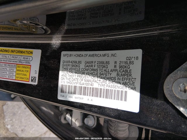 Honda ACCORD LX 2018 1HGCV1F10JA105140 Image 9