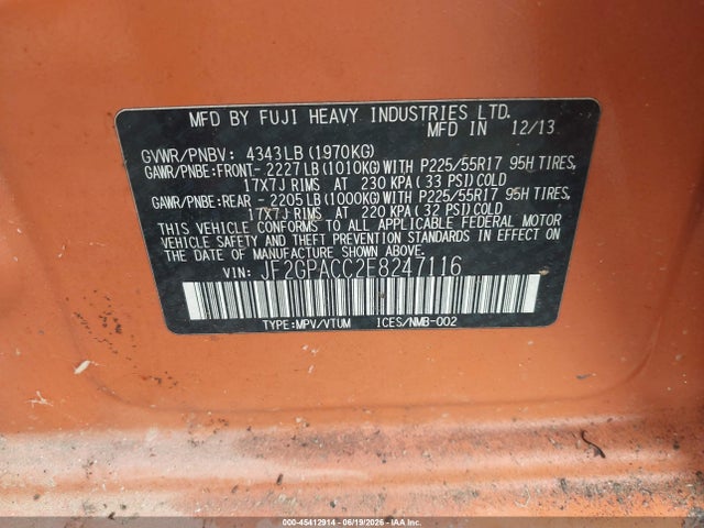 Продаж на аукціоні авто 2014 Subaru Xv Crosstrek 2.0i Premium, vin: JF2GPACC2E8247116, номер лоту: 45412914