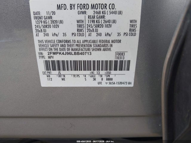 Aukcja sprzedaży 2020 Ford Edge St Line, vin: 2FMPK4J96LBB40713, numer aukcji: 45412935