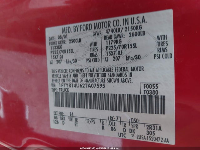 45412953 :رقم المزاد ، 1FTYR14U62TA07595 vin ، 2002 Ford Ranger Edge/tremor/xl/xlt مزاد بيع