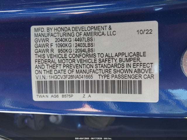 Aukcja sprzedaży 2022 Honda Accord Hybrid Sport, vin: 1HGCV3F28NA041665, numer aukcji: 45412955