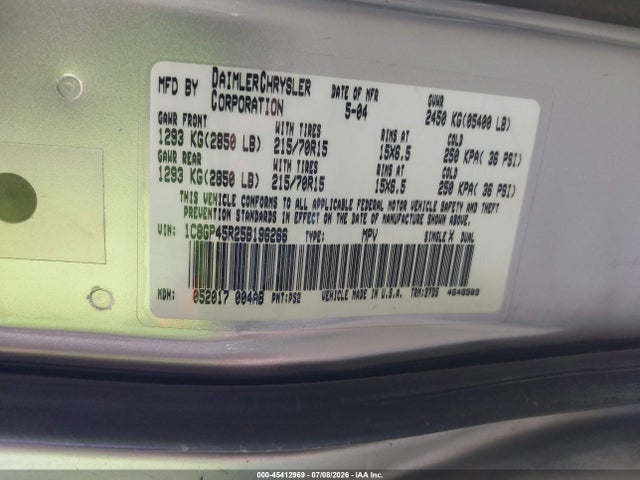 2005 Chrysler Town & Country მანქანა იყიდება აუქციონზე, vin: 1C8GP45R25B196266, აუქციონის ნომერი: 45412969