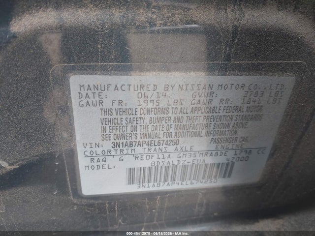 3N1AB7AP4EL674250 Nissan Sentra Fe+ S/fe+ Sv/s/sl/sr/sv