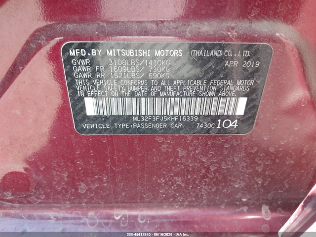 2019 Mitsubishi Mirage G4 Es/rf მანქანა იყიდება აუქციონზე, vin: ML32F3FJ5KHF16339, აუქციონის ნომერი: 45412980