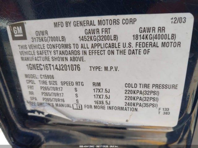 45412982 :رقم المزاد ، 1GNEC16T14J201076 vin ، 2004 Chevrolet Suburban 1500 Ls مزاد بيع