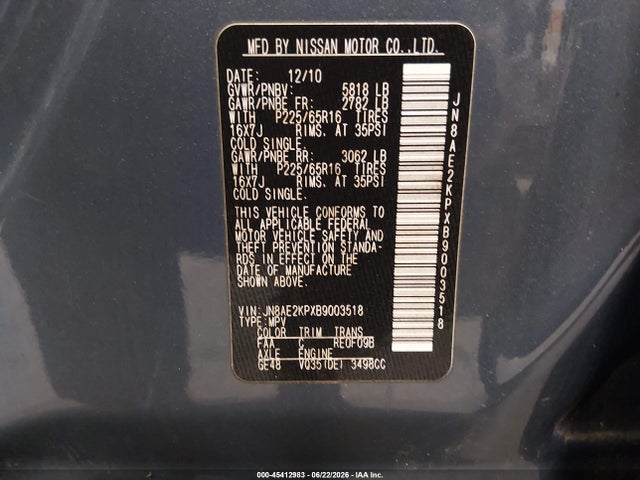 Aukcja sprzedaży 2011 Nissan Quest Sv, vin: JN8AE2KPXB9003518, numer aukcji: 45412983