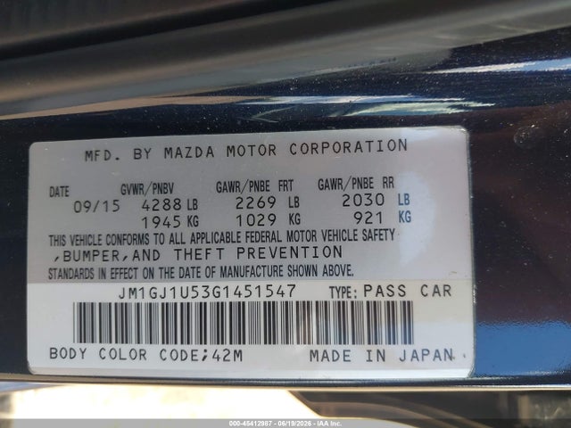 45412987 :رقم المزاد ، JM1GJ1U53G1451547 vin ، 2016 Mazda Mazda6 I Sport مزاد بيع