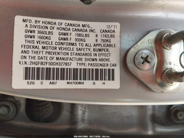 Продаж на аукціоні авто 2012 Honda Civic Lx, vin: 2HGFB2F50CH327857, номер лоту: 45412996