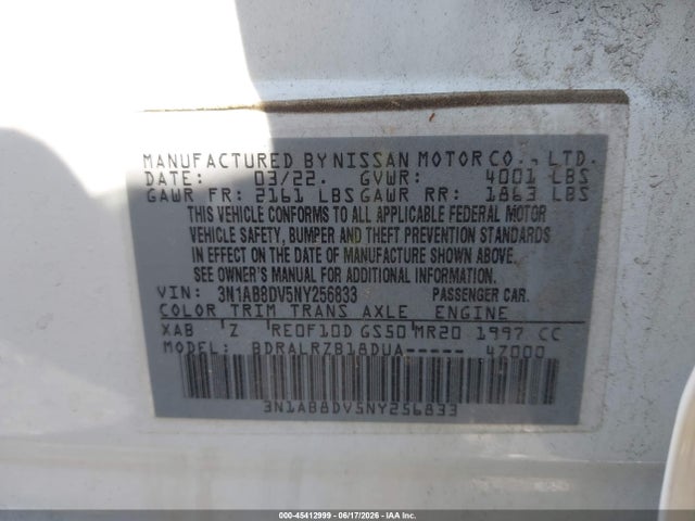 Продаж на аукціоні авто 2022 Nissan Sentra Sr Xtronic Cvt, vin: 3N1AB8DV5NY256833, номер лоту: 45412999