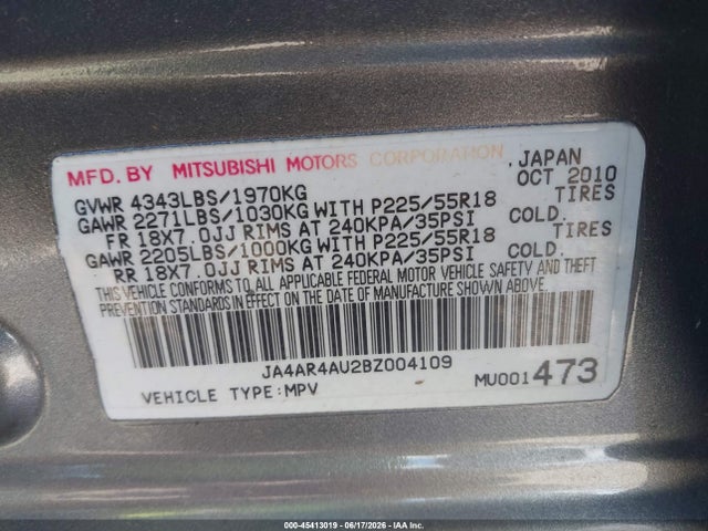 45413019 :رقم المزاد ، JA4AR4AU2BZ004109 vin ، 2011 Mitsubishi Outlander Sport Se مزاد بيع