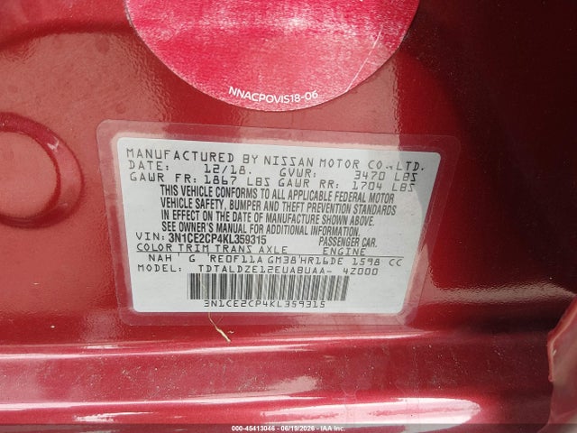3N1CE2CP4KL359315 Nissan Versa Note Sv