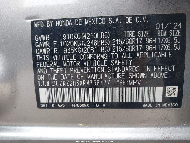 3CZRZ2H3XRM756477 Honda Hr-v Awd Lx