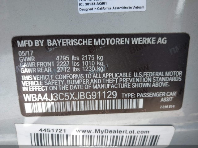 45413069 :رقم المزاد ، WBA4J3C5XJBG91129 vin ، 2018 Bmw 430i Gran Coupe Xdrive مزاد بيع
