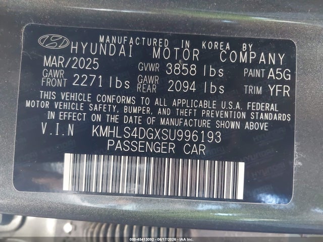 45413092 :رقم المزاد ، KMHLS4DGXSU996193 vin ، 2025 Hyundai Elantra Sel Convenience مزاد بيع