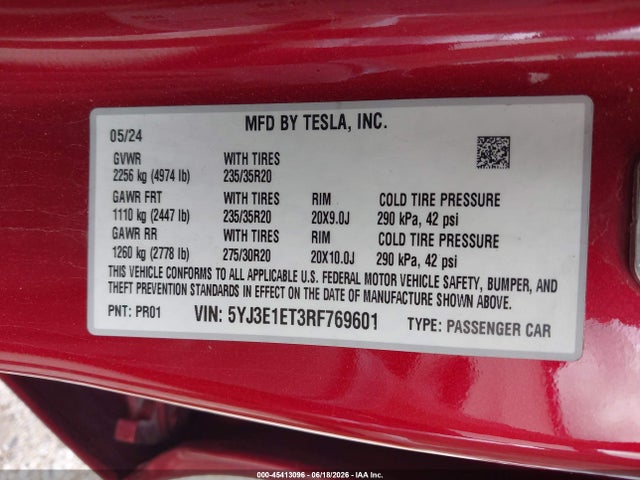 Aukcja sprzedaży 2024 Tesla Model 3 Performance All-wheel Drive, vin: 5YJ3E1ET3RF769601, numer aukcji: 45413096