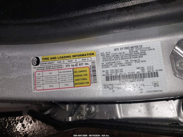 Aukcja sprzedaży 2019 Ford Fusion Hybrid Se, vin: 3FA6P0LU6KR115747, numer aukcji: 45413099