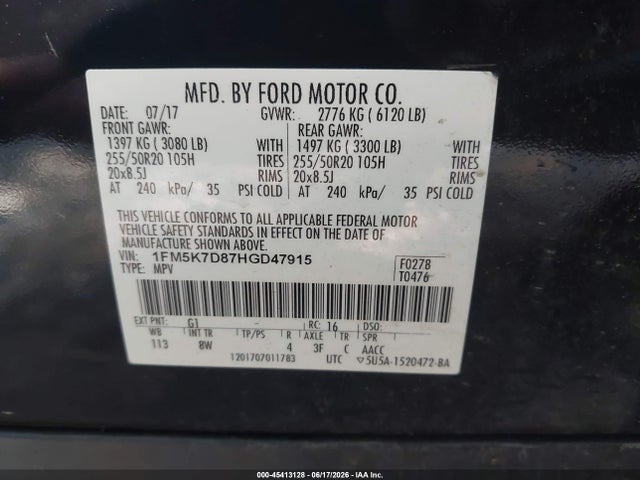 45413128 :رقم المزاد ، 1FM5K7D87HGD47915 vin ، 2017 Ford Explorer Xlt مزاد بيع