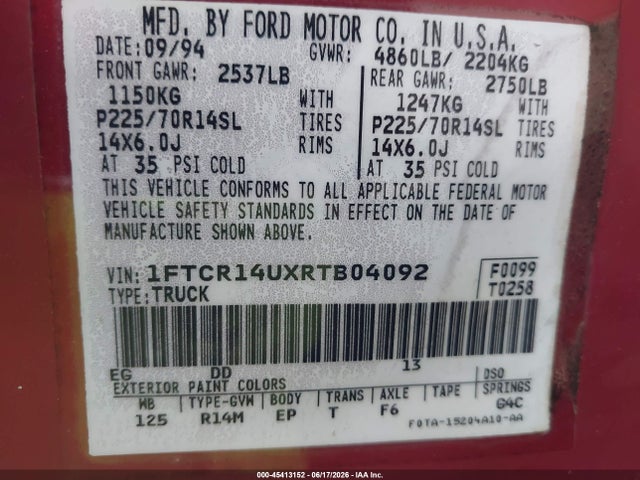 45413152 :رقم المزاد ، 1FTCR14UXRTB04092 vin ، 1994 Ford Ranger Super Cab مزاد بيع