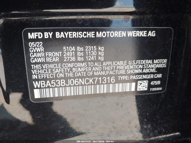 Aukcja sprzedaży 2022 Bmw 540 I, vin: WBA53BJ06NCK71316, numer aukcji: 45413157