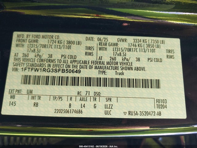 45413162 :رقم المزاد ، 1FTFW1RG3SFB50649 vin ، 2025 Ford F-150 Raptor مزاد بيع