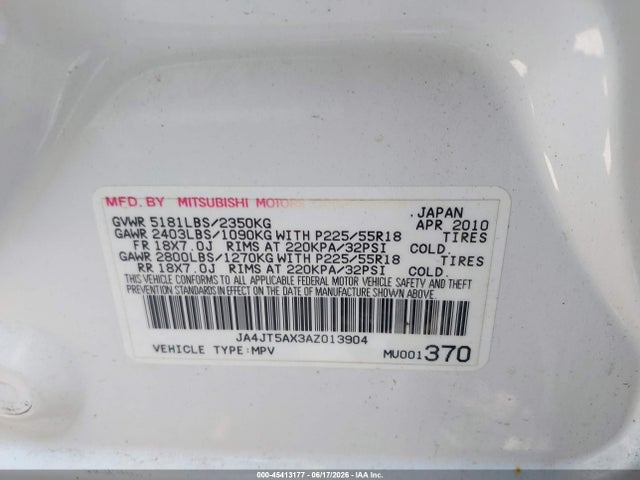 45413177 :رقم المزاد ، JA4JT5AX3AZ013904 vin ، 2010 Mitsubishi Outlander Gt مزاد بيع