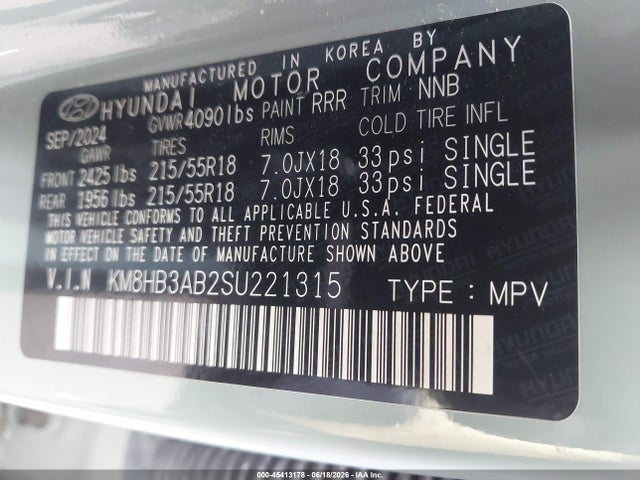 45413178 :رقم المزاد ، KM8HB3AB2SU221315 vin ، 2025 Hyundai Kona Sel مزاد بيع