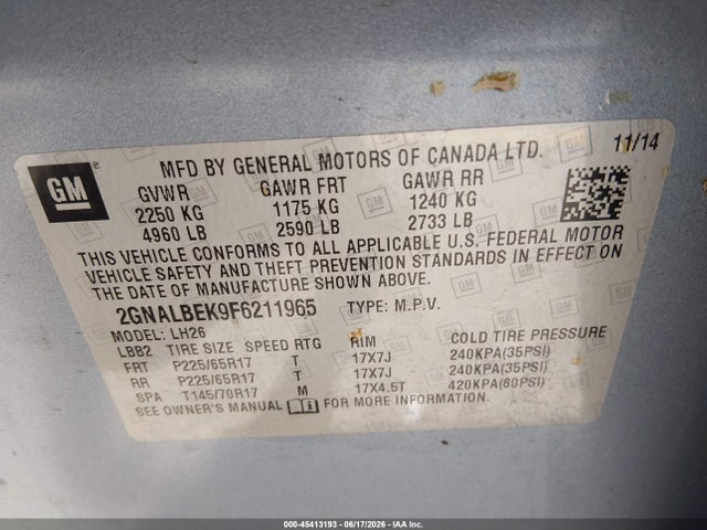 Chevrolet EQUINOX LT 2015 2GNALBEK9F6211965 Image 9