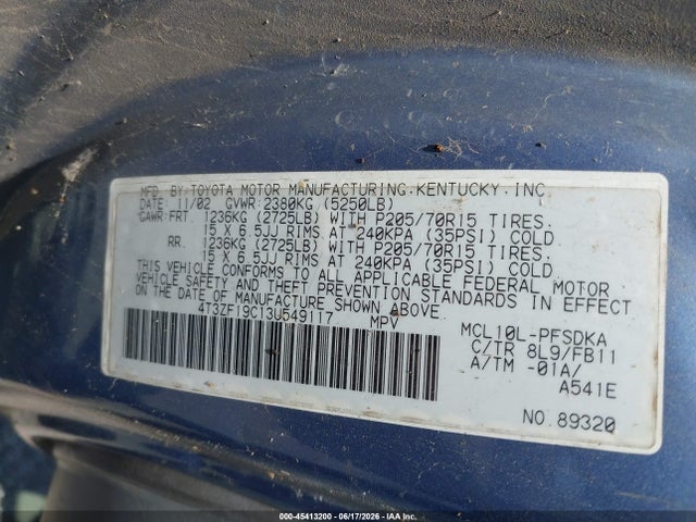Aukcja sprzedaży 2003 Toyota Sienna, vin: 4T3VF19C13U549117, numer aukcji: 45413200