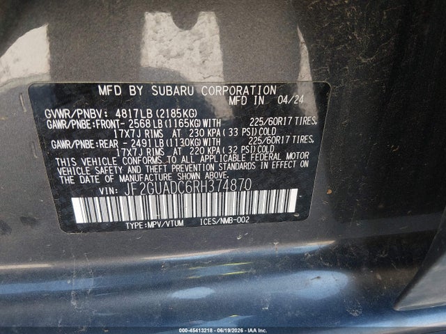 45413218 :رقم المزاد ، JF2GUADC6RH374870 vin ، 2024 Subaru Crosstrek Premium مزاد بيع