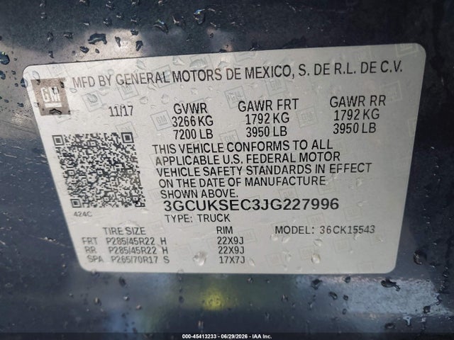 45413233 :رقم المزاد ، 3GCUKSEC3JG227996 vin ، 2018 Chevrolet Silverado 1500 Ltz مزاد بيع