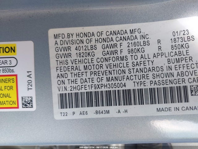 2HGFE1F9XPH305004 Honda Civic Touring