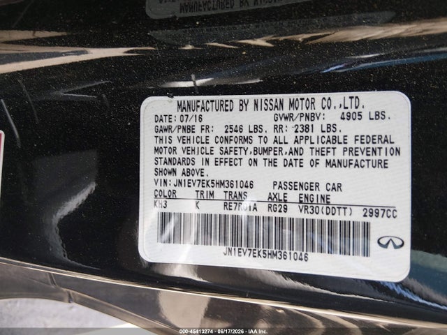 45413274 :رقم المزاد ، JN1EV7EK5HM361046 vin ، 2017 Infiniti Q60 3.0t Premium مزاد بيع