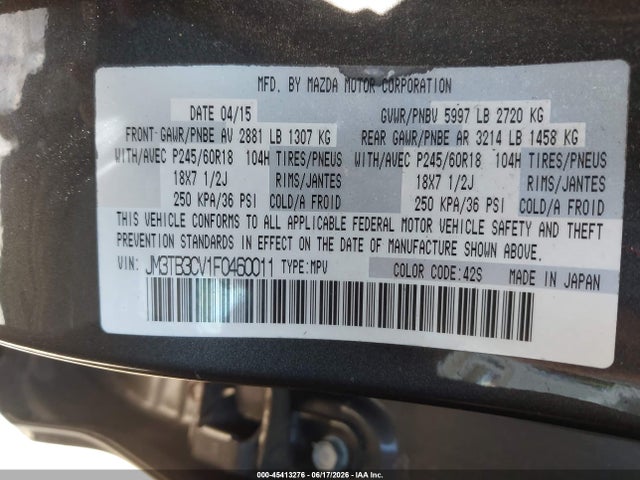 Aukcja sprzedaży 2015 Mazda Cx-9 Touring, vin: JM3TB3CV1F0460011, numer aukcji: 45413276