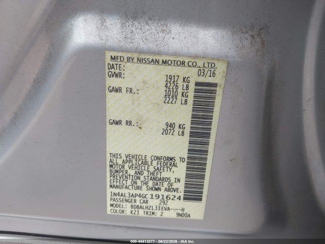 2016 Nissan Altima 2.5 Sr მანქანა იყიდება აუქციონზე, vin: 1N4AL3AP4GC191624, აუქციონის ნომერი: 45413277