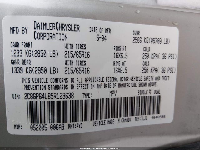 Продажа на аукционе авто 2005 Chrysler Town & Country Limited, vin: 2C8GP64L85R123638, номер лота: 45413281