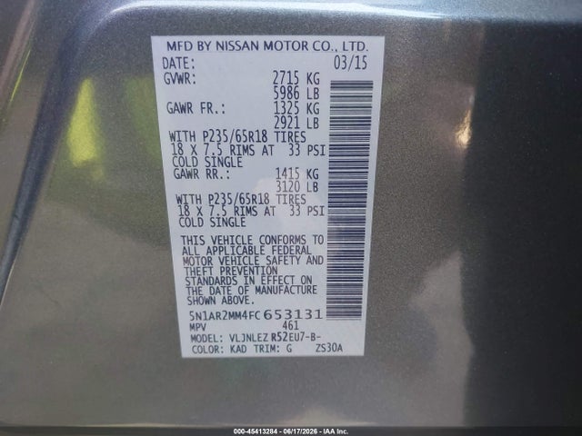5N1AR2MM4FC653131 Nissan Pathfinder Platinum/s/sl/sv