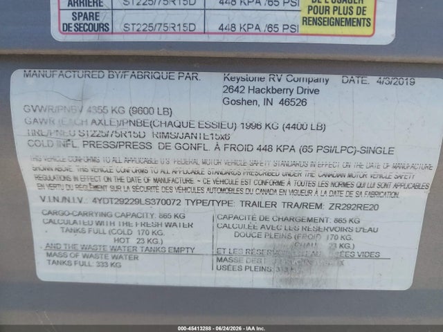 Продаж на аукціоні авто 2020 Crossroads Zinger Zr292re, vin: 4YDT29229LS370072, номер лоту: 45413288