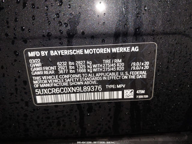 Aukcja sprzedaży 2022 Bmw X5 Xdrive40i, vin: 5UXCR6C0XN9L89376, numer aukcji: 45413299