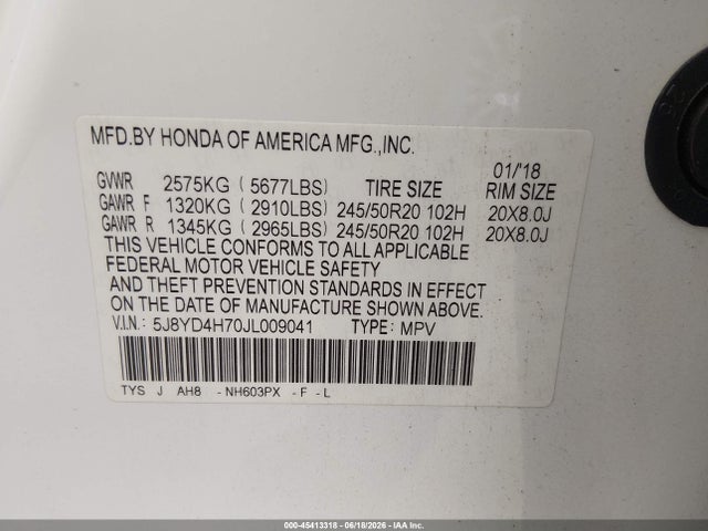 Продаж на аукціоні авто 2018 Acura Mdx Technology   Entertainment Pkgs, vin: 5J8YD4H70JL009041, номер лоту: 45413318