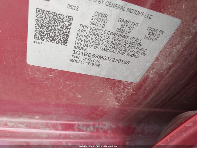 45413346 :رقم المزاد ، 1G1BE5SM6J7220168 vin ، 2018 Chevrolet Cruze Lt Auto مزاد بيع