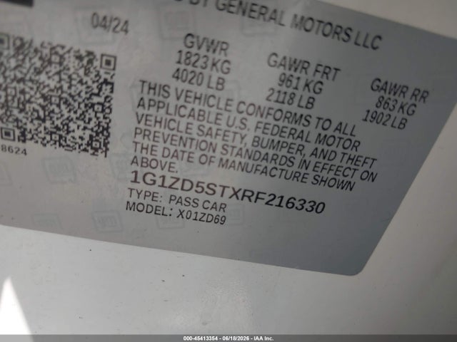 45413354 :رقم المزاد ، 1G1ZD5STXRF216330 vin ، 2024 Chevrolet Malibu Fwd 1lt مزاد بيع