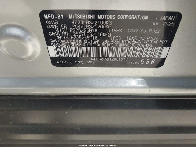 45413397 :رقم المزاد ، JA4ATWAA8TZ001316 vin ، 2026 Mitsubishi Eclipse Cross Black Edition S-awc/se S-awc/sel S-awc مزاد بيع